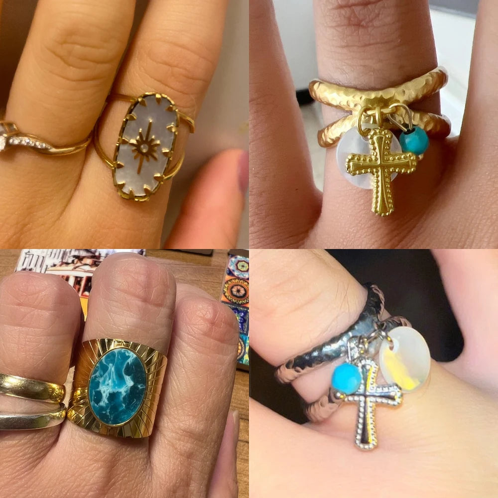 Stainless Steel Rings Open Rings For Women Rings Wide Ring Colorful Geometry Chain Female Rings Jewelry Party Gift Wholesale - She Vibess By C2P
