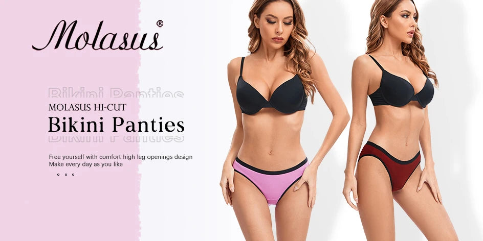 Molasus 6PCS Women High Cut Bikini Panties Breathable & Healthy Cotton Underwear Ladies No Ride Up Underpants Large Size - She Vibess By C2P
