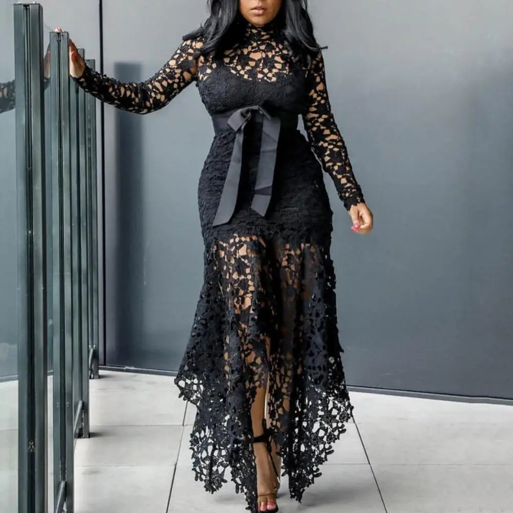 Bowtie Women Lace Dress 2024 Autumn Long Sleeve Stain Bow Belted Irregular Hem Hollow Out Sexy Bodycon Dress Evening Party Dress - She Vibess By C2P