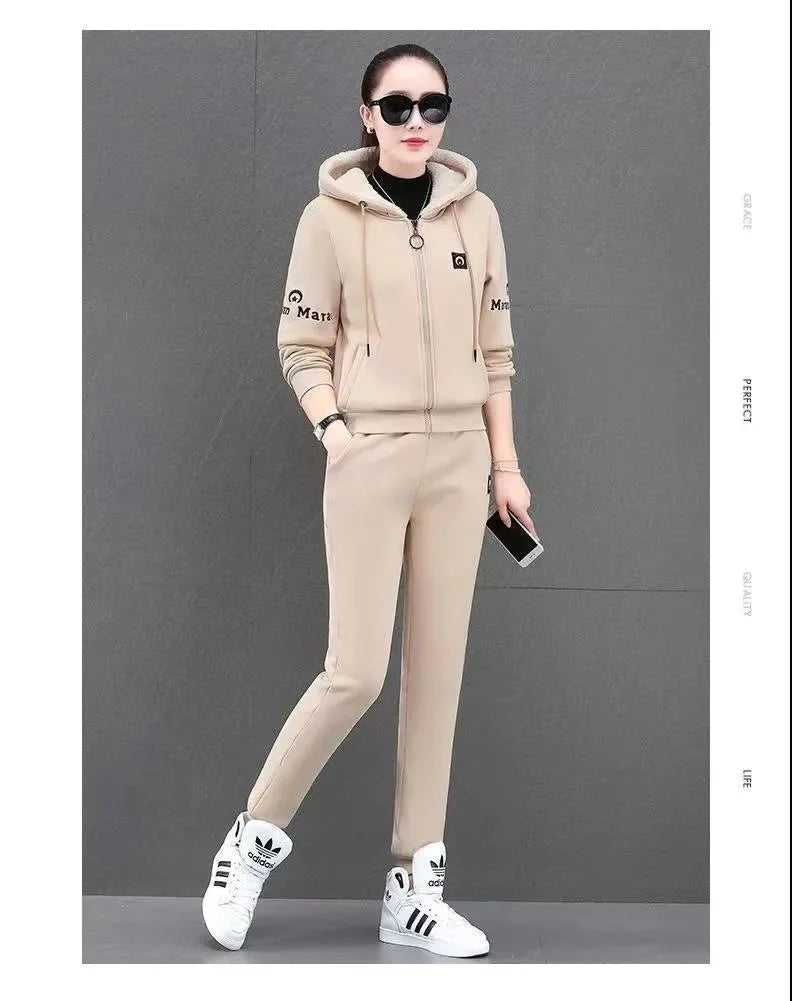 Fashionable Thickened Fleece Set Women's Loose Casual Outfit Hoodie with Pocket Two-Piece Autumn Winter Style Streetwear - She Vibess By C2P