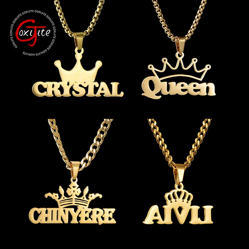 Goxijite Customized Name Pendant For Men Women Stainless Steel Personalized Big Crown Letter Necklace Thick Chain Jewelry Gift - She Vibess By C2P