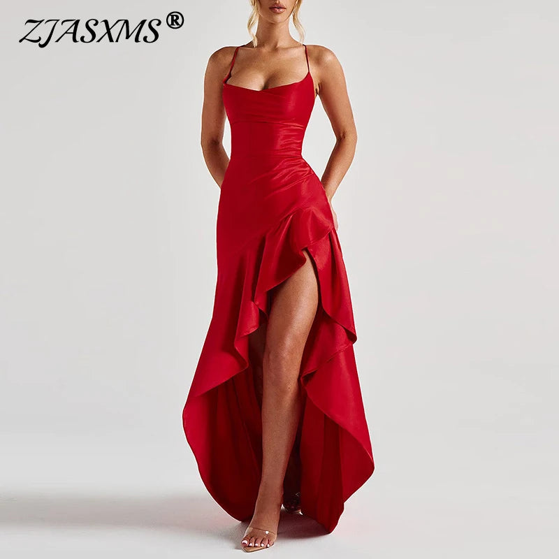 Sexy Slash Neck Slim Ruffle Banquet Dress Women Spring Backless Lace-up Long Irregular Dress Summer Sleeveless Hollow Maxi Dress - She Vibess By C2P