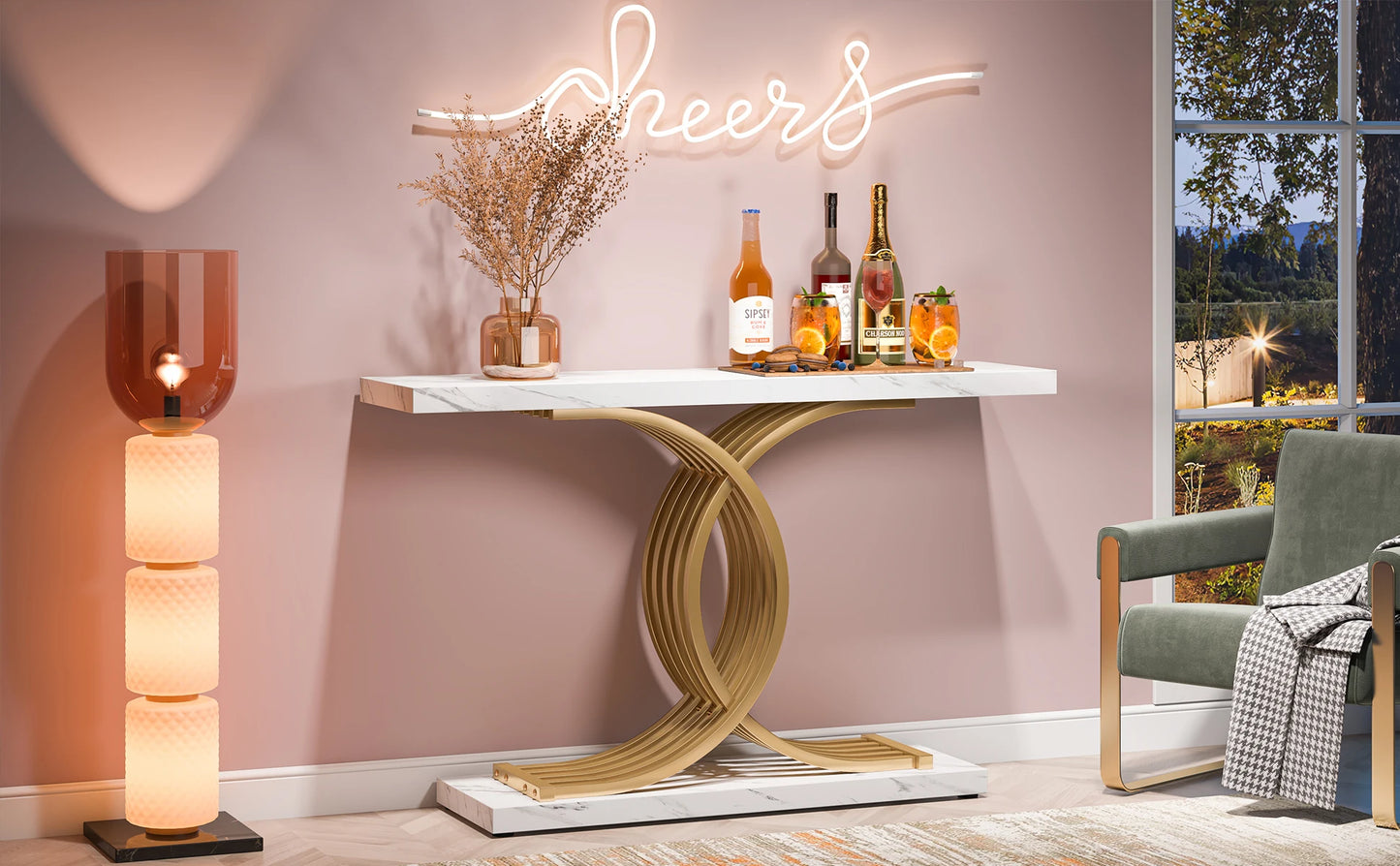 Tribesigns Gold Entryway Table, Modern 39-Inch Console Faux Marble Narrow Wood Sofa with Geometric Metal Legs - She Vibess By C2P