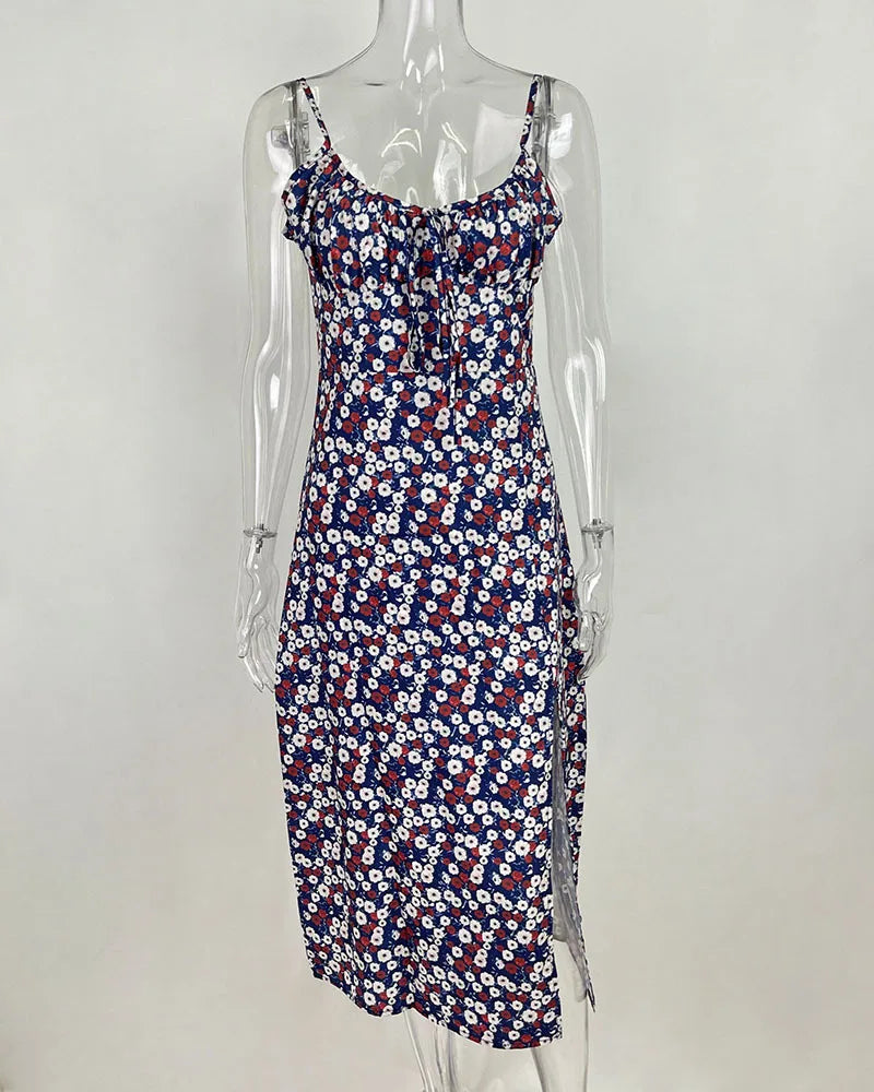 Flower Printed Spaghetti Strap Dresses For Women Sexy Low Cut Beach Party Slim Slit Dress Chic Bodycon Lady Sleeveless Vestidos - She Vibess By C2P