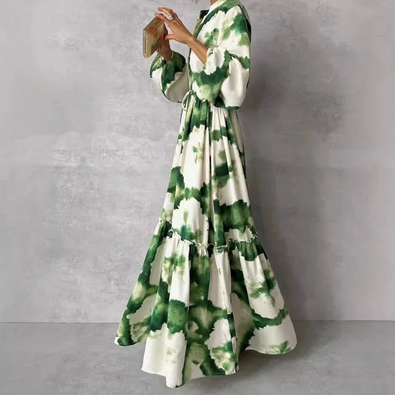 Boho Summer Tie-dye Print Pleated Long Dress Women V Neck High Waist Tie-up Party Dress Spring Long Sleeve Hem A-Line Maxi Dress - She Vibess By C2P