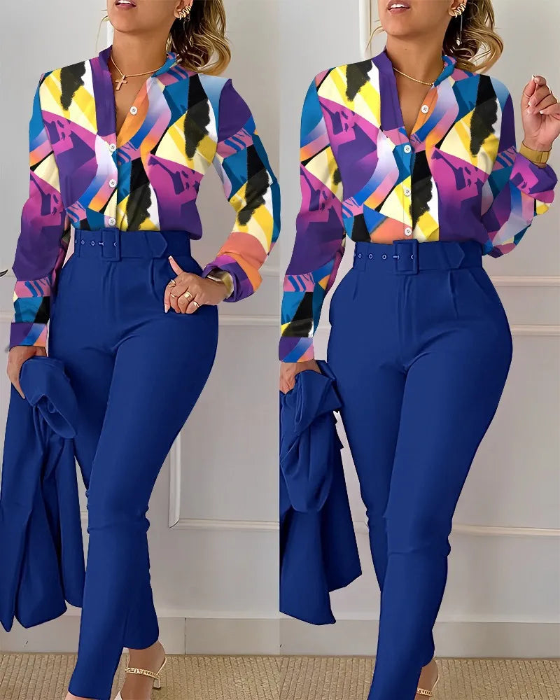Autumn Winter Stand Neck Floral Print Long Sleeve Shirt Pants Two Piece Sets Elegant Women Casual Shirt Trousers Suits With Belt - She Vibess By C2P
