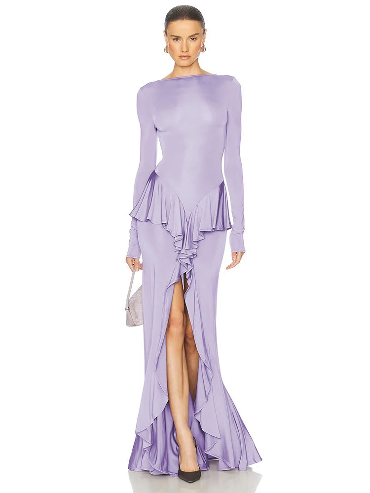 Mozision Backless Ruffled Sexy Maxi Dress For Women Gown Fashion O Neck Long Sleeve Thigh High Split Evening Long Dress Elegant - She Vibess By C2P
