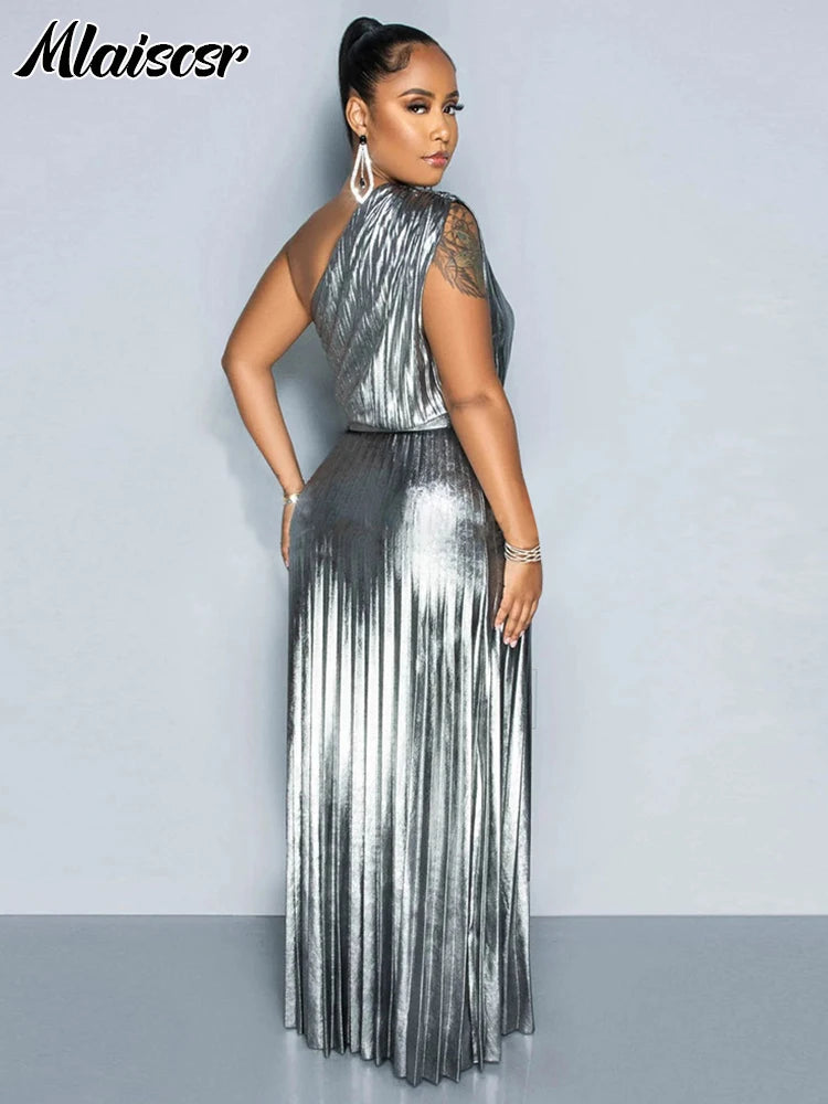 Mlaiscsr Metallic Golden One Shoulder Sleeveless Pleated A-Line Long Dress Elegant Women Luxury Birthday Evening Gowns Vestidos - She Vibess By C2P