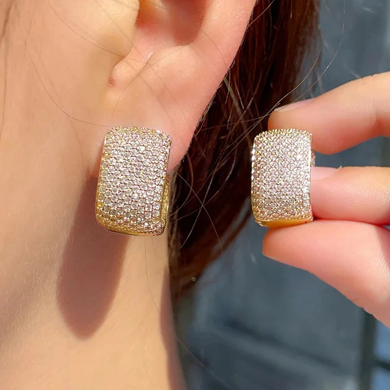Huitan Full Cubic Zirconia Hoop Earrings for Women Bling Bling Temperament Female Ear Accessories Luxury Bridal Wedding Jewelry - She Vibess By C2P