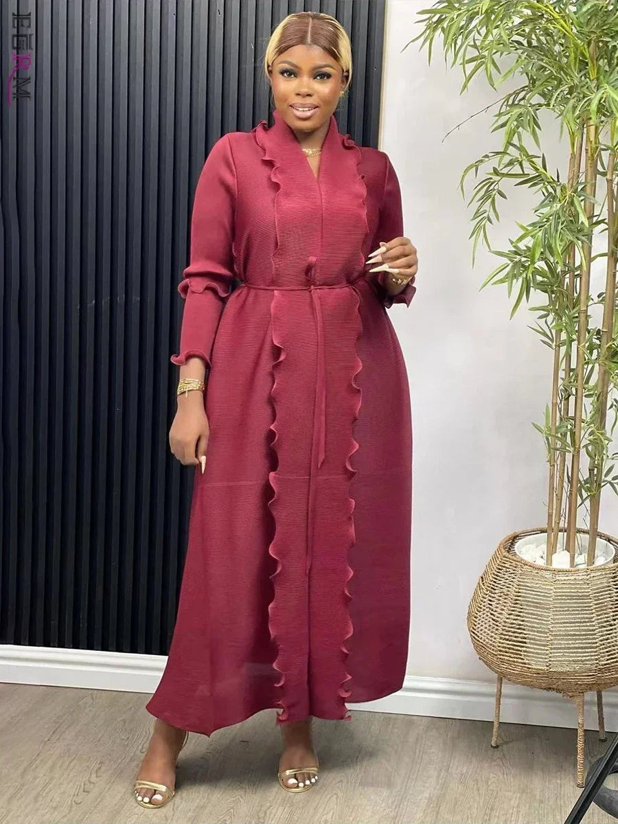 EGRM Miyake Pleated Maxi Long Dress Solid Ruffles Full Sleeve with Belt Formal Dresses for Women 2024 Summer New Hot Sales 8R295 - She Vibess By C2P