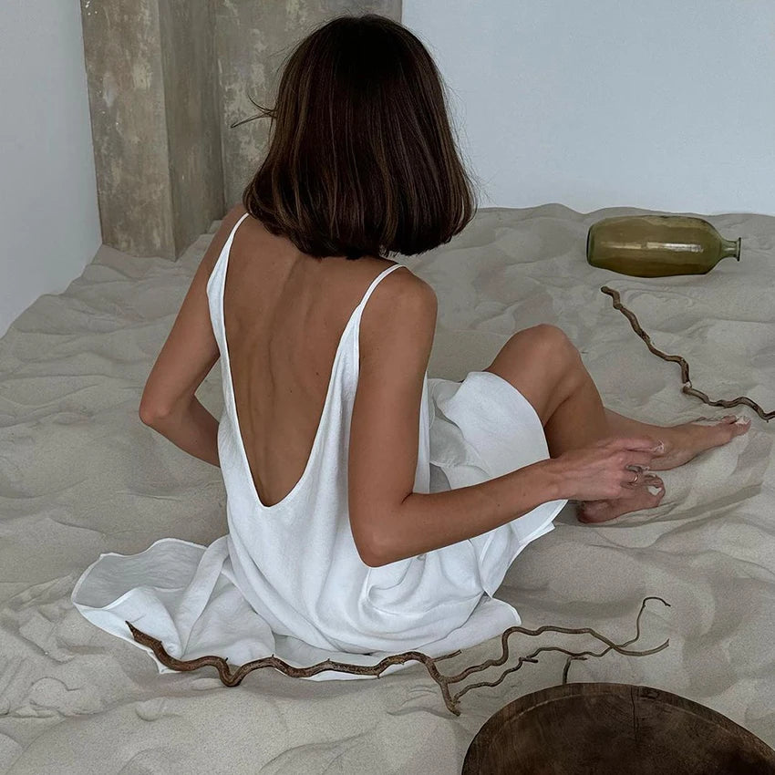 HiLoc Casual Loose White Long Dress Robe 2025 New Summer V Neck Dresses For Women Spring Sleeveless Straight Robes Nightgown - She Vibess By C2P