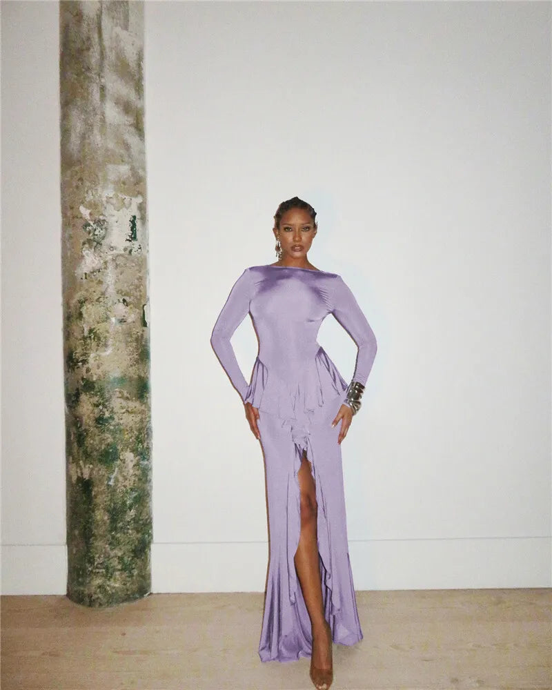 Mozision Backless Ruffled Sexy Maxi Dress For Women Gown Fashion O Neck Long Sleeve Thigh High Split Evening Long Dress Elegant - She Vibess By C2P