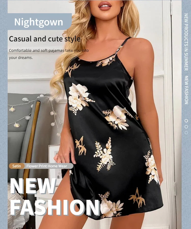 Women Nightwear Home Clothes Sexy Black Floral Printing Nightdress Sleepwear Nightshirts Silk Sleepshirts Nightgowns For Woman - She Vibess By C2P
