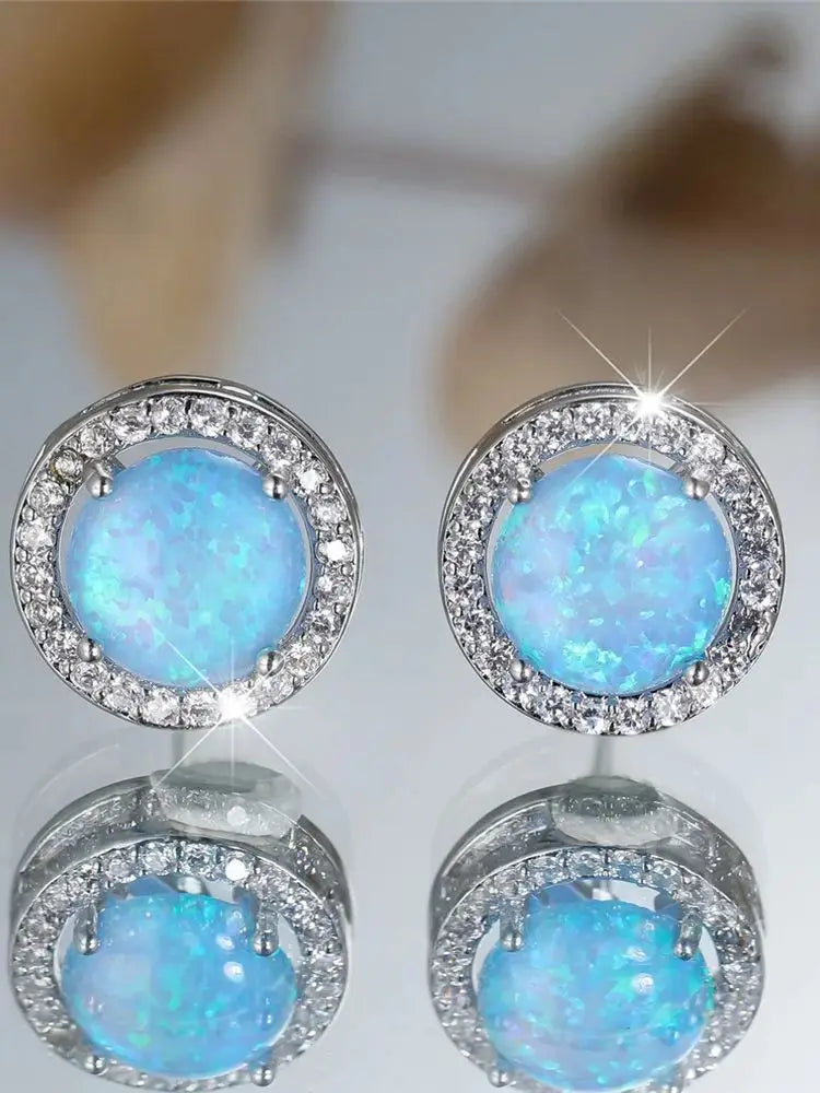 Cute Female Crystal White Blue Opal Round Stone Stud Earrings Silver Color Wedding Jewelry For Women - She Vibess By C2P