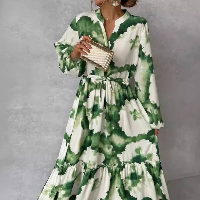 Boho Summer Tie-dye Print Pleated Long Dress Women V Neck High Waist Tie-up Party Dress Spring Long Sleeve Hem A-Line Maxi Dress - She Vibess By C2P