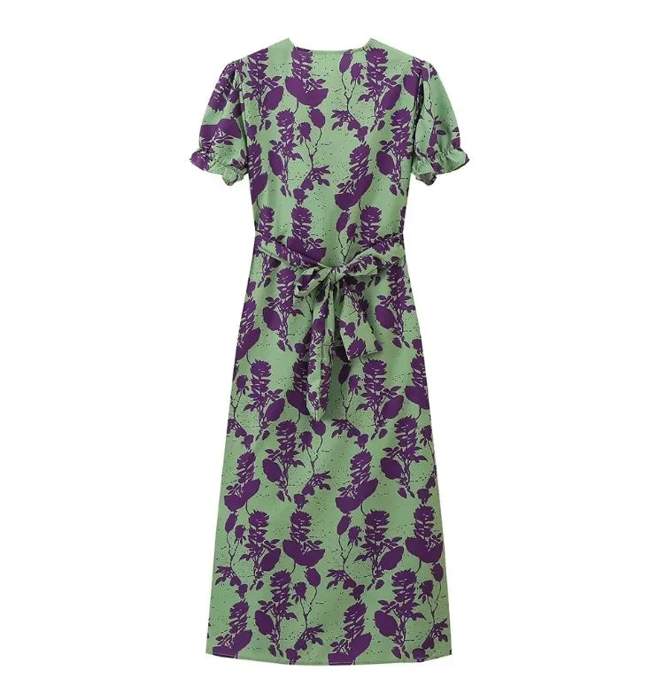 Summer Short Sleeve Print Long Dress Women Elegant Party Sexy Slim V Neck Green Dresses Elegantes Street Evening Vestidos - She Vibess By C2P