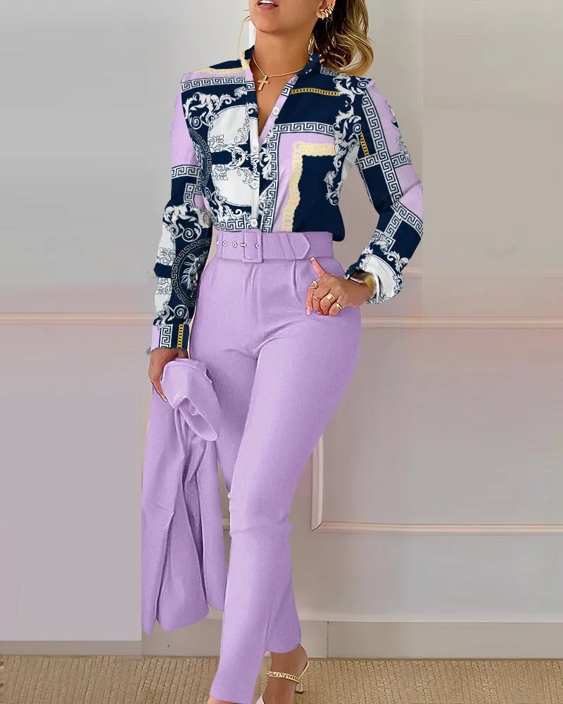 Autumn Winter Stand Neck Floral Print Long Sleeve Shirt Pants Two Piece Sets Elegant Women Casual Shirt Trousers Suits With Belt - She Vibess By C2P