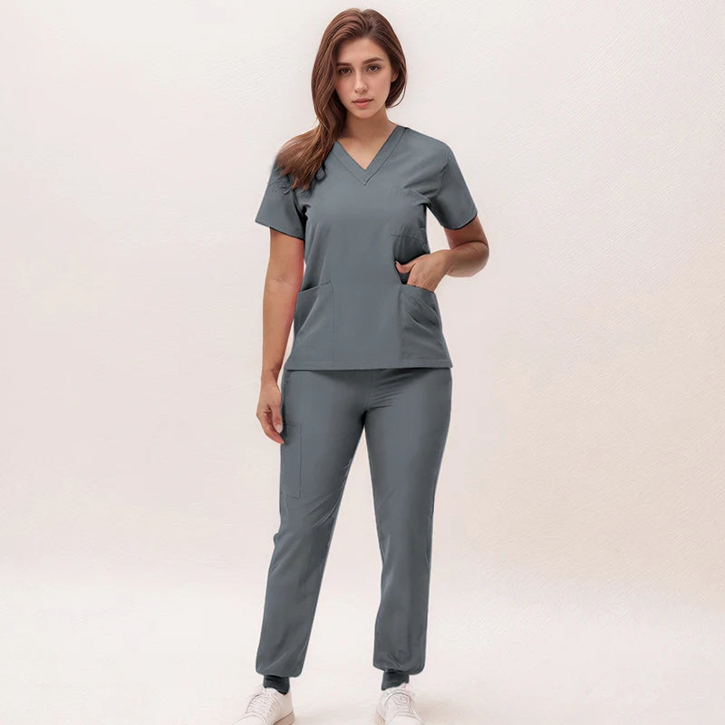 2025 New Nurse Uniforms V-neck Top Jogger Pants Scrub Sets Surgical Workwear Dentist Nursing Suit Hospital Doctor Outfit S21 - She Vibess By C2P