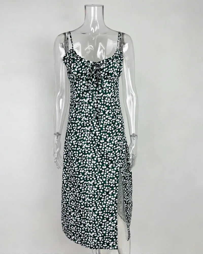 Flower Printed Spaghetti Strap Dresses For Women Sexy Low Cut Beach Party Slim Slit Dress Chic Bodycon Lady Sleeveless Vestidos - She Vibess By C2P
