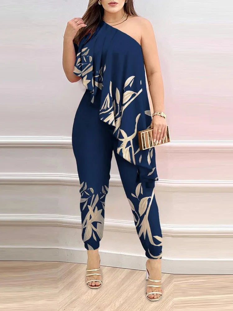 New Pencil Pants Playsuits Women Summer Loungewear Printing Fashion Skew Collar Sleeveless Ruffles Ladies Jumpsuits - She Vibess By C2P