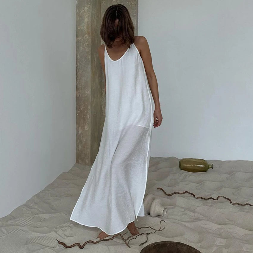 HiLoc Casual Loose White Long Dress Robe 2025 New Summer V Neck Dresses For Women Spring Sleeveless Straight Robes Nightgown - She Vibess By C2P