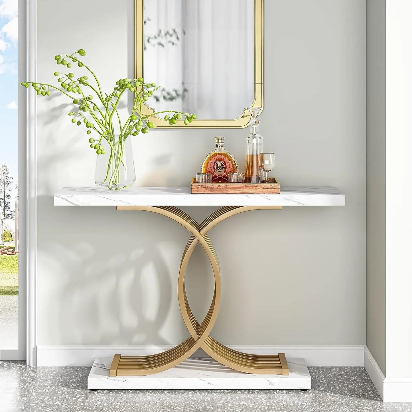 Tribesigns Gold Entryway Table, Modern 39-Inch Console Faux Marble Narrow Wood Sofa with Geometric Metal Legs - She Vibess By C2P