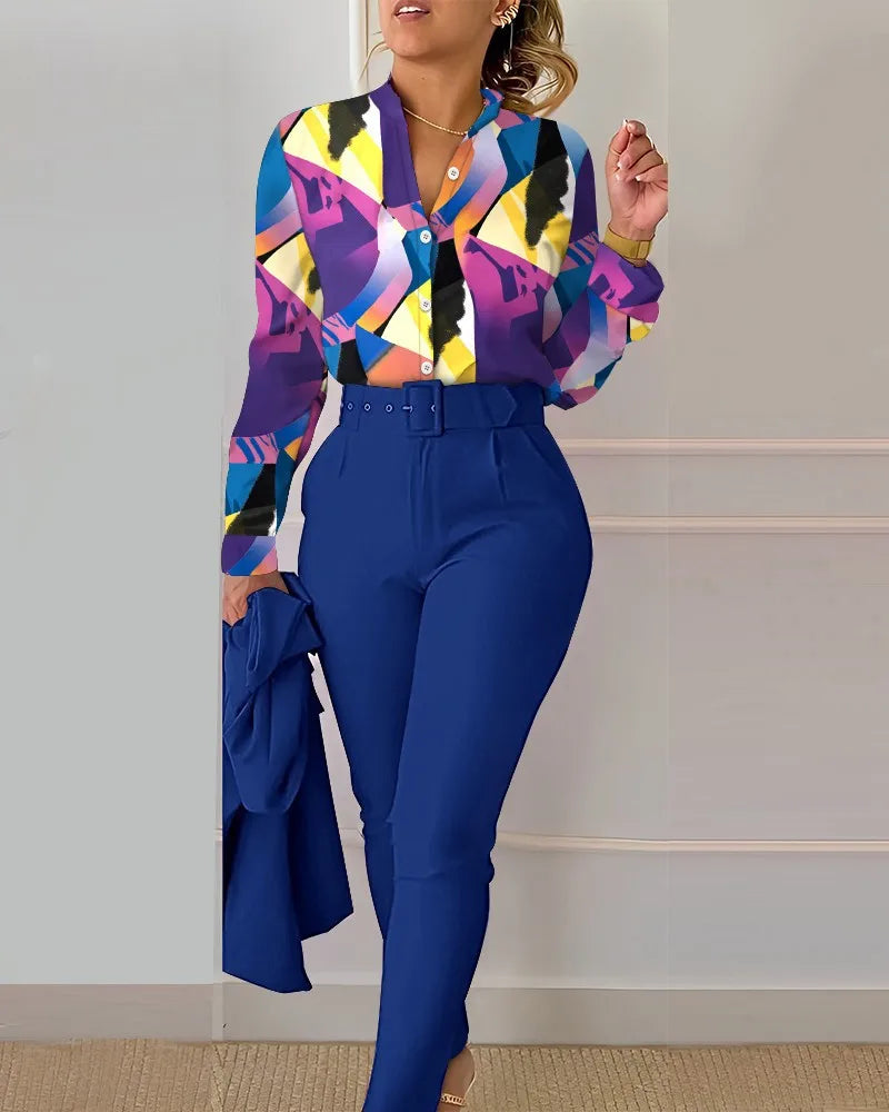 Autumn Winter Stand Neck Floral Print Long Sleeve Shirt Pants Two Piece Sets Elegant Women Casual Shirt Trousers Suits With Belt - She Vibess By C2P