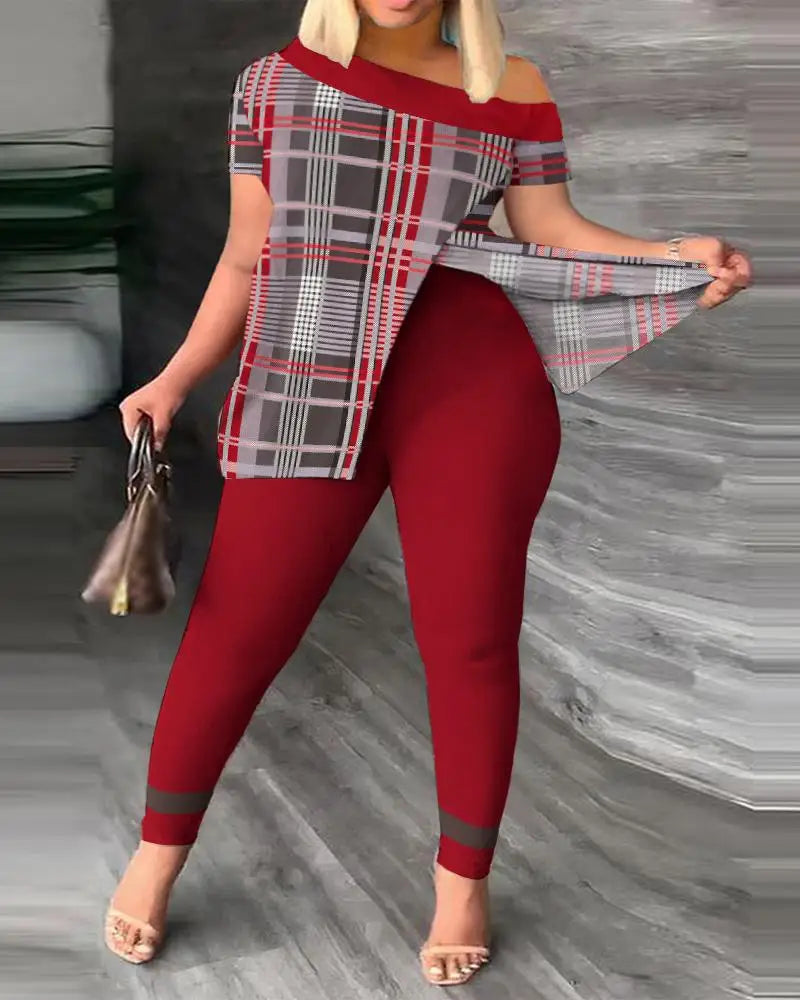 Elegant Women Two Piece Set Suits New Fashion Printed Ruffle Sleeve Top Solid Color Pants Set With Belt Blouses Female Clothing - She Vibess By C2P