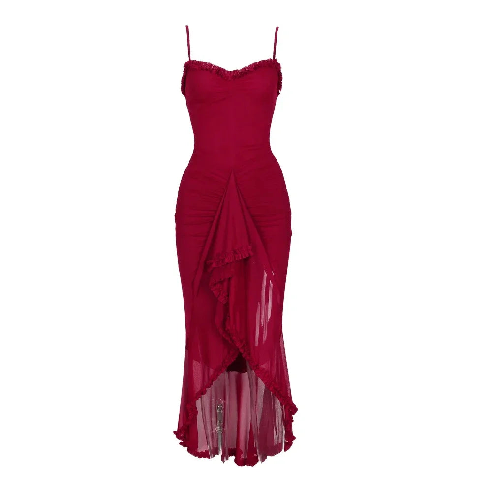 Suninheart Irregular Mesh Party Dresses 2024 New Arrivals Spaghetti Strap Bodycon Dress Fashion Ruched Long Dress Women - She Vibess By C2P