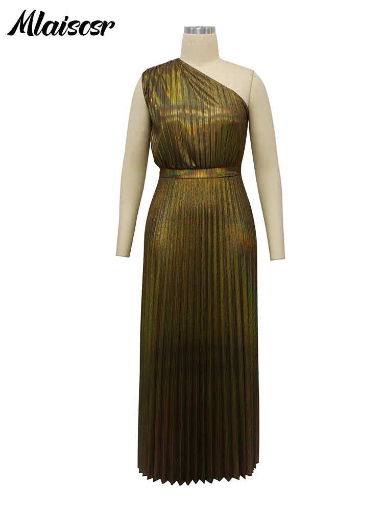 Mlaiscsr Metallic Golden One Shoulder Sleeveless Pleated A-Line Long Dress Elegant Women Luxury Birthday Evening Gowns Vestidos - She Vibess By C2P