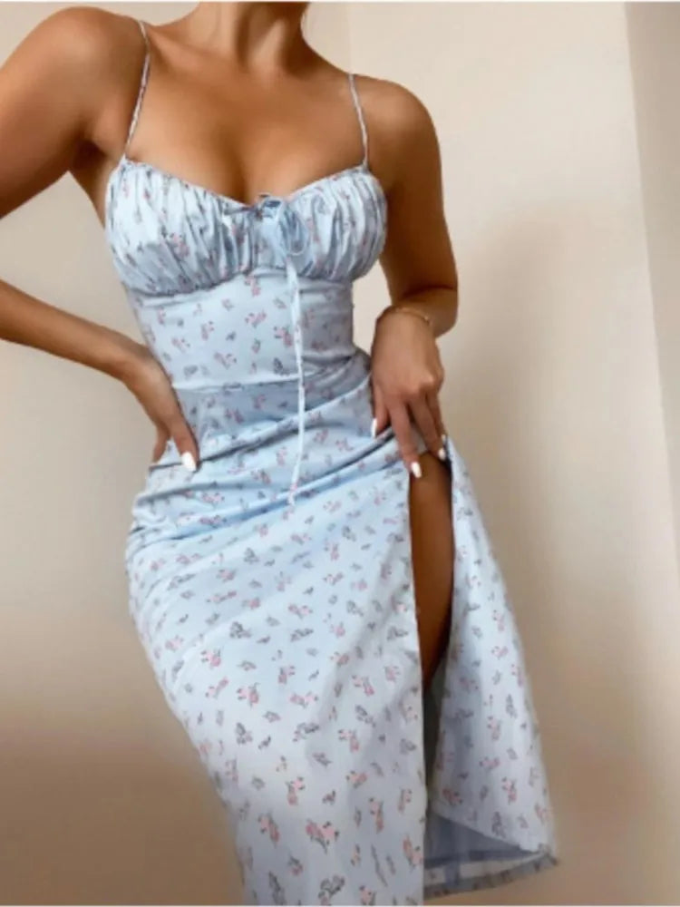 Flower Printed Spaghetti Strap Dresses For Women Sexy Low Cut Beach Party Slim Slit Dress Chic Bodycon Lady Sleeveless Vestidos - She Vibess By C2P