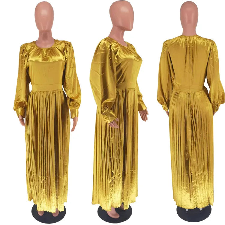 2024 Spring Pleated Loose Fit Maxi Dresses Women Solid Ruched Lantern Sleeve Party Evening Wedding Long Dress Women - She Vibess By C2P