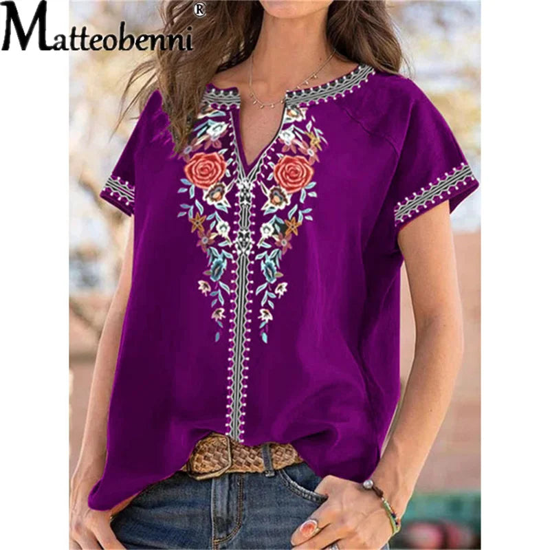 Summer Women Urban Leisure V Neck Print Short Sleeve T-Shirt Ladies Ethnic Style Casual Loose Boho Retro Harajuku Oversized Tops - She Vibess By C2P