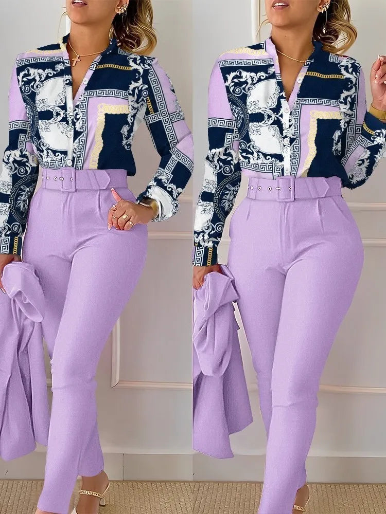 Autumn Winter Stand Neck Floral Print Long Sleeve Shirt Pants Two Piece Sets Elegant Women Casual Shirt Trousers Suits With Belt - She Vibess By C2P
