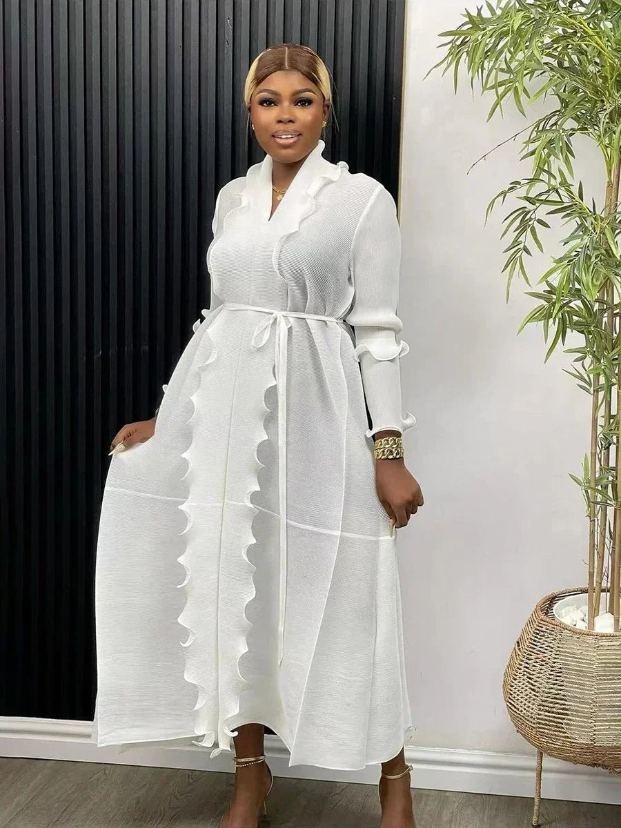 EGRM Miyake Pleated Maxi Long Dress Solid Ruffles Full Sleeve with Belt Formal Dresses for Women 2024 Summer New Hot Sales 8R295 - She Vibess By C2P