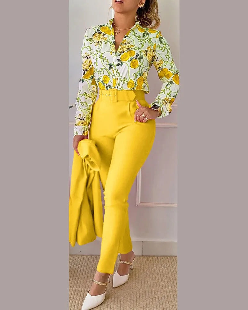 Autumn Winter Stand Neck Floral Print Long Sleeve Shirt Pants Two Piece Sets Elegant Women Casual Shirt Trousers Suits With Belt - She Vibess By C2P