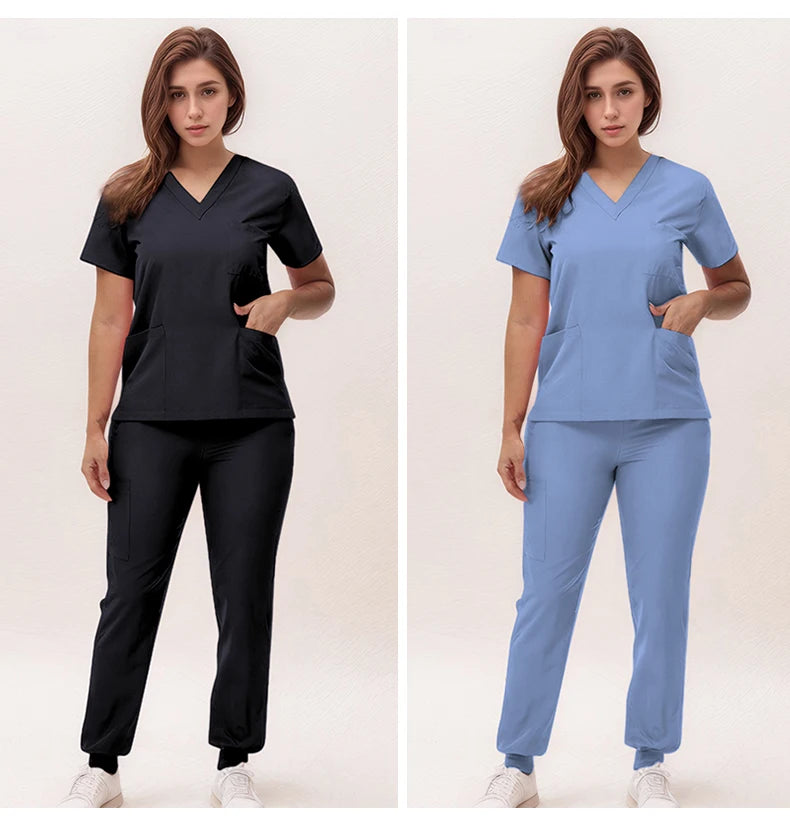 2025 New Nurse Uniforms V-neck Top Jogger Pants Scrub Sets Surgical Workwear Dentist Nursing Suit Hospital Doctor Outfit S21 - She Vibess By C2P