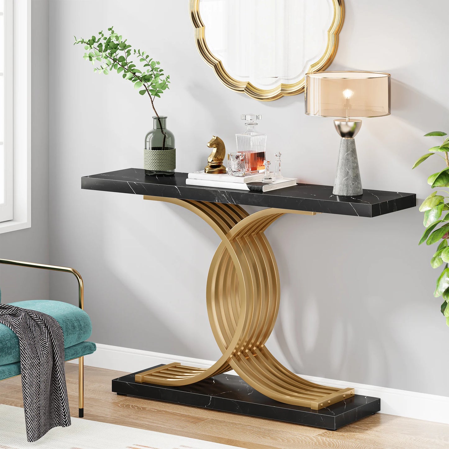 Tribesigns Gold Entryway Table, Modern 39-Inch Console Faux Marble Narrow Wood Sofa with Geometric Metal Legs - She Vibess By C2P