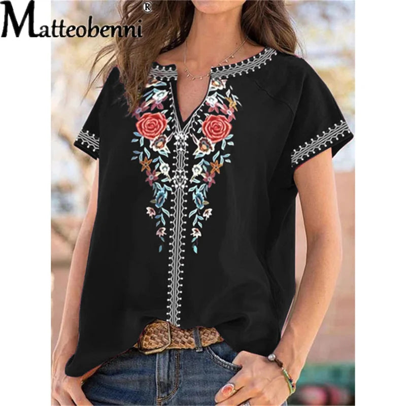 Summer Women Urban Leisure V Neck Print Short Sleeve T-Shirt Ladies Ethnic Style Casual Loose Boho Retro Harajuku Oversized Tops - She Vibess By C2P