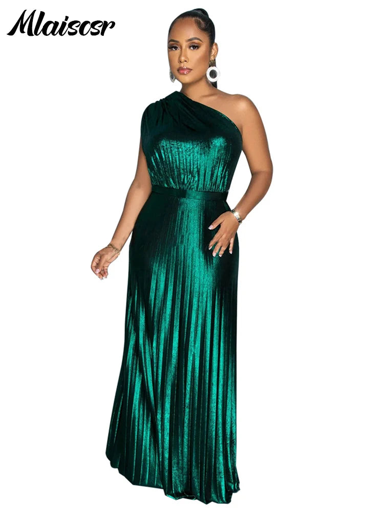 Mlaiscsr Metallic Golden One Shoulder Sleeveless Pleated A-Line Long Dress Elegant Women Luxury Birthday Evening Gowns Vestidos - She Vibess By C2P