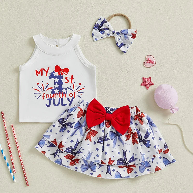 Independence Day Toddler Girls Outfit Set with Sleeveless Tank Top Bow Skirt and Headband - Patriotic Baby Clothes for 4th of - She Vibess By C2P