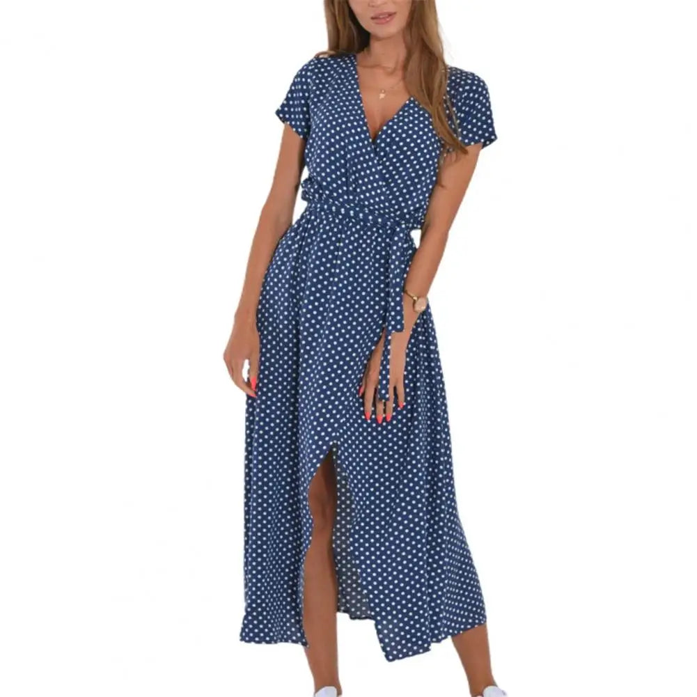 Lady Midi Dress Contrast Color Summer Vacation Holiday Lady Midi Dress Split Dot Print Summer Beach Dress Female Clothes - She Vibess By C2P