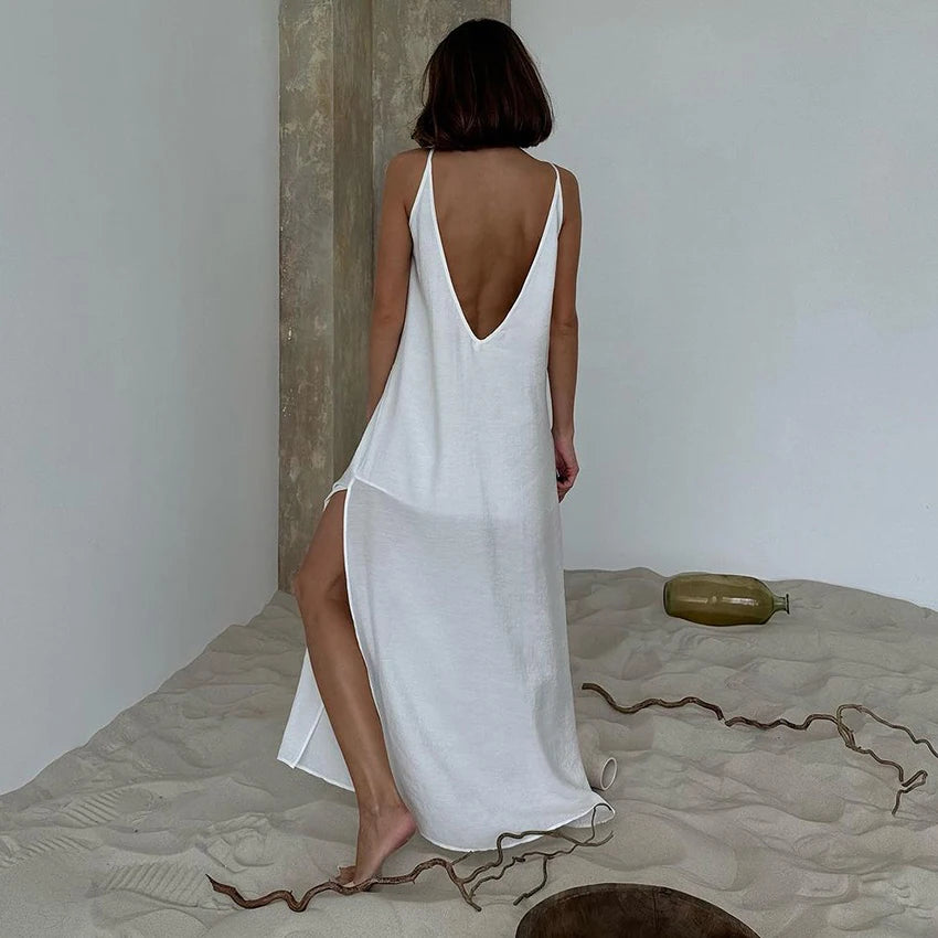 HiLoc Casual Loose White Long Dress Robe 2025 New Summer V Neck Dresses For Women Spring Sleeveless Straight Robes Nightgown - She Vibess By C2P