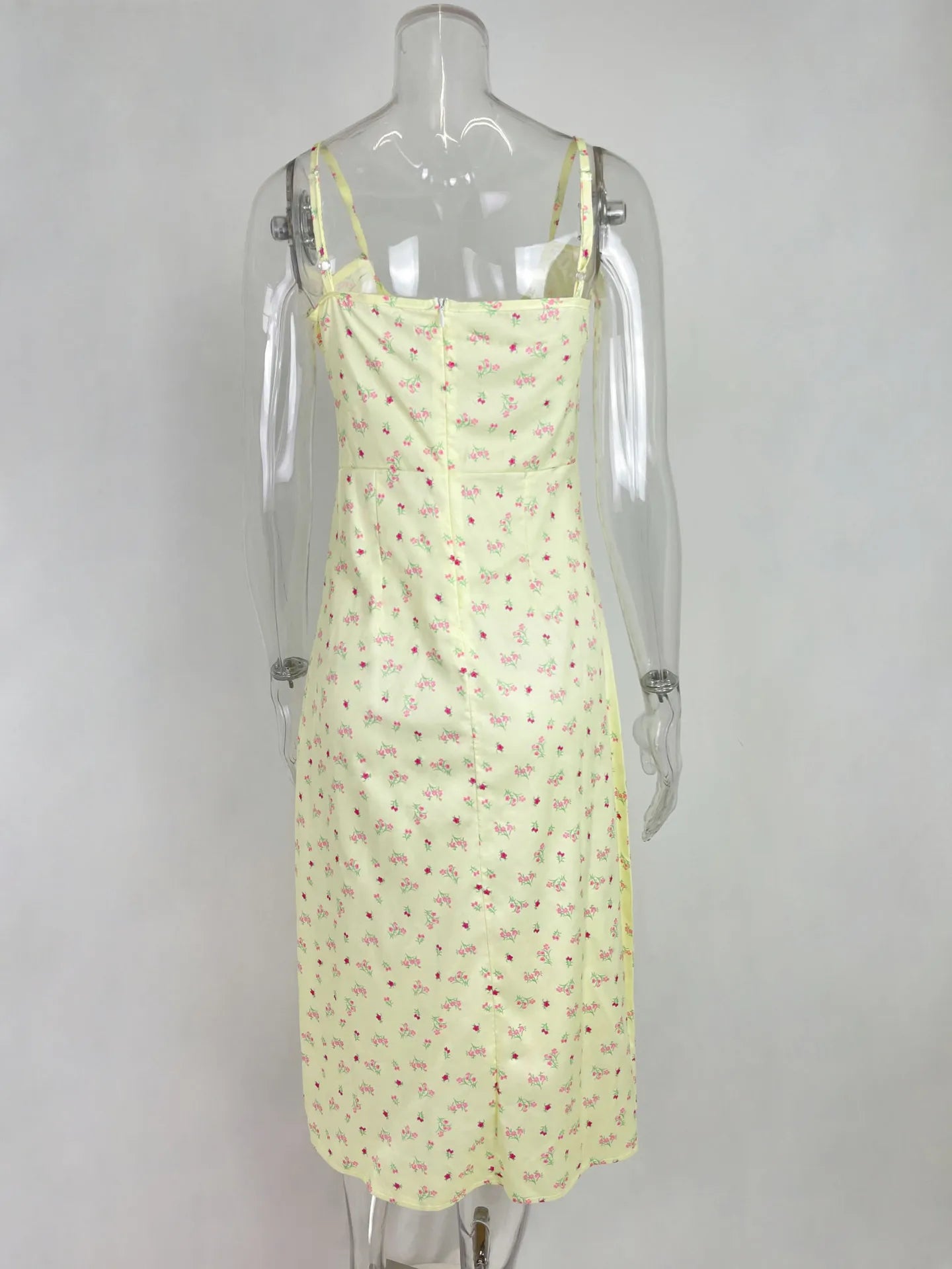 Flower Printed Spaghetti Strap Dresses For Women Sexy Low Cut Beach Party Slim Slit Dress Chic Bodycon Lady Sleeveless Vestidos - She Vibess By C2P