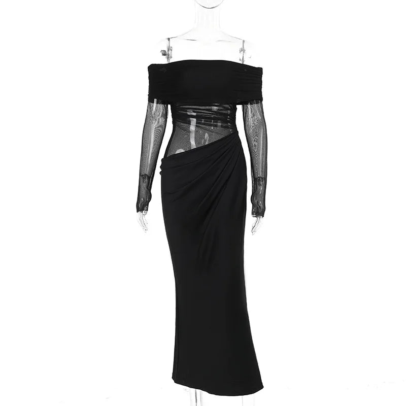 Y2k Summer New Solid Color Long Sleeve Off Shoulder Dresses Sexy Wrap Hip Mesh See Through Ruched Patchwork Long Dress 2024 New - She Vibess By C2P