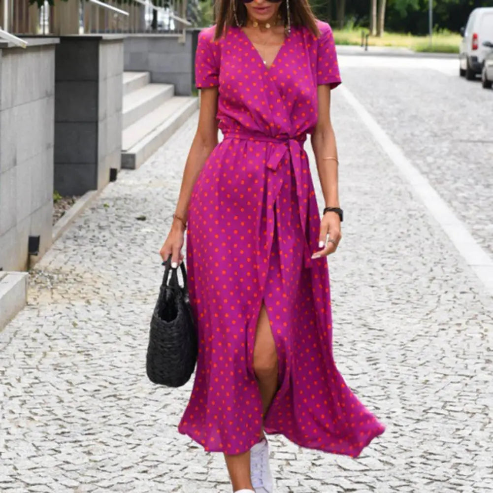 Lady Midi Dress Contrast Color Summer Vacation Holiday Lady Midi Dress Split Dot Print Summer Beach Dress Female Clothes - She Vibess By C2P