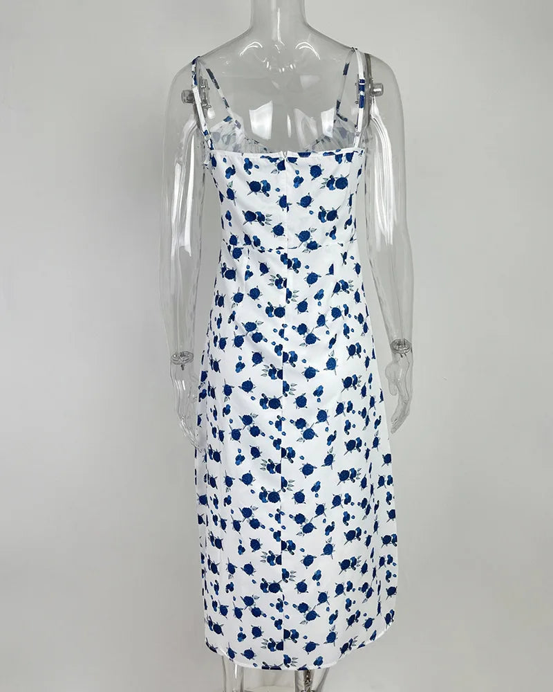 Flower Printed Spaghetti Strap Dresses For Women Sexy Low Cut Beach Party Slim Slit Dress Chic Bodycon Lady Sleeveless Vestidos - She Vibess By C2P