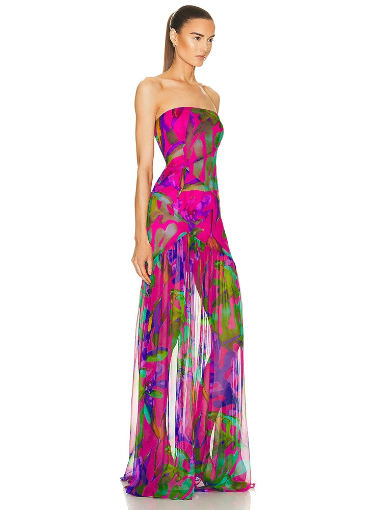 Summer Strapless Floral Printed Long Dress Women Fashion Sleeveless Print Split Maxi Dress Elegant Beach Party Evening Dresses - She Vibess By C2P