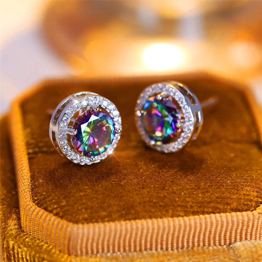 Luxury Female Crystal Purple Blue Green Round Stud Earrings Silver Color Wedding Jewelry For Women - She Vibess By C2P
