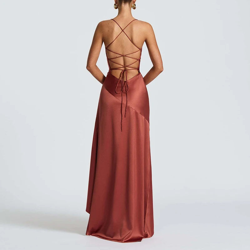 Sexy Slash Neck Slim Ruffle Banquet Dress Women Spring Backless Lace-up Long Irregular Dress Summer Sleeveless Hollow Maxi Dress - She Vibess By C2P